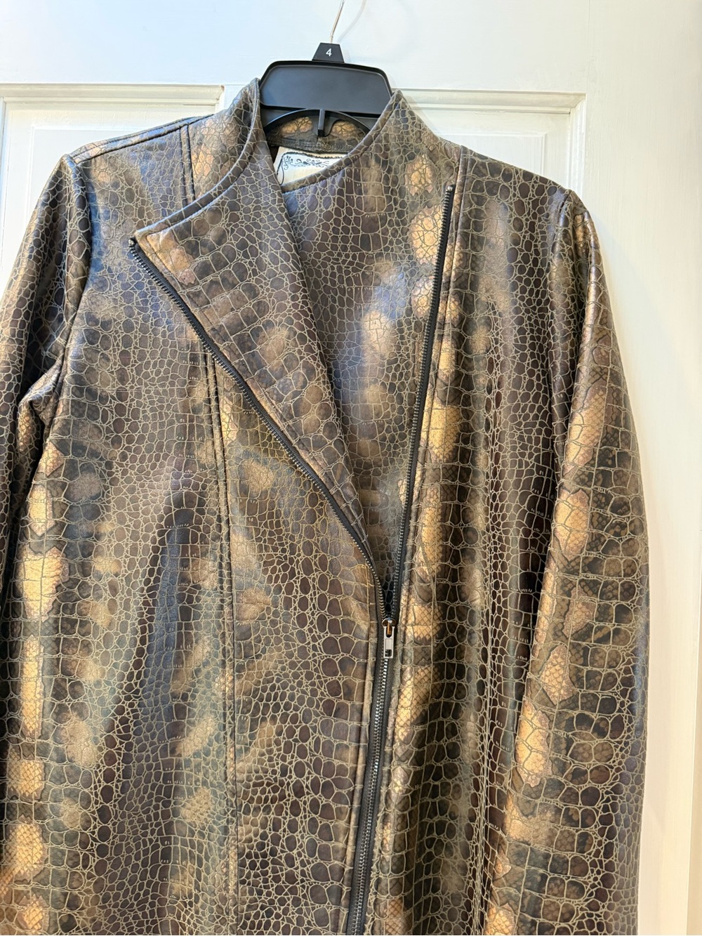 Vintage Metallic Bronze Croc-Print Leather Jacket